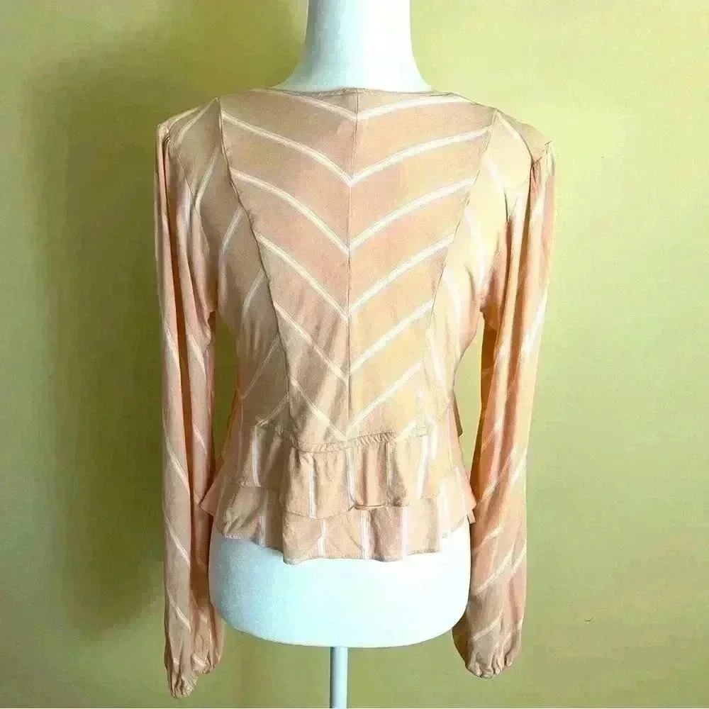 Free People Coral/White Stripe Scoop Neck Button Tiered Crop Peasant Top Size S - Picture 9 of 11